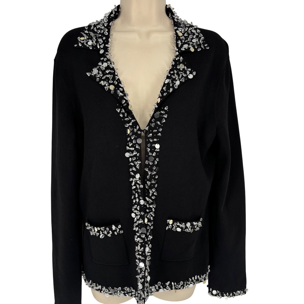 Vertigo Paris Womens Black Ribbed Crystal Sequin Embellished Cardigan Sweater L